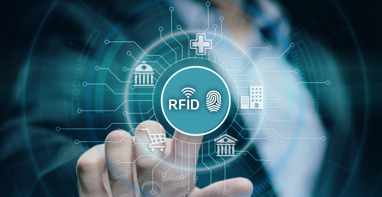 Man touching RFID icon with icons surrounding icons