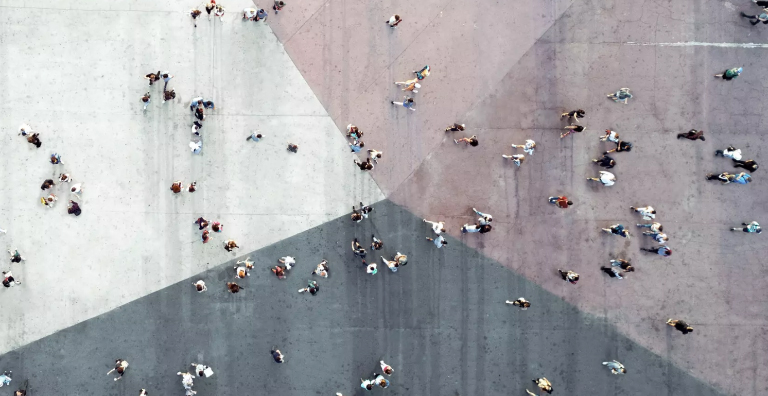 aerial view of people walking in city center