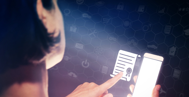 woman signing digital certificate on mobile phone