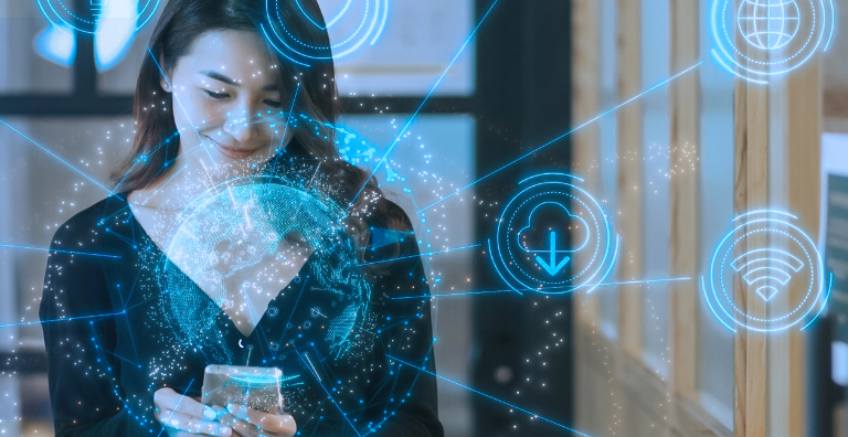 A young adult holds a smartphone with applications and datapoints such as the cloud, Wi-Fi, and internet browsers emerging from it.