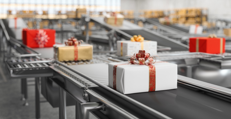 Christmas gifts on conveyor belts