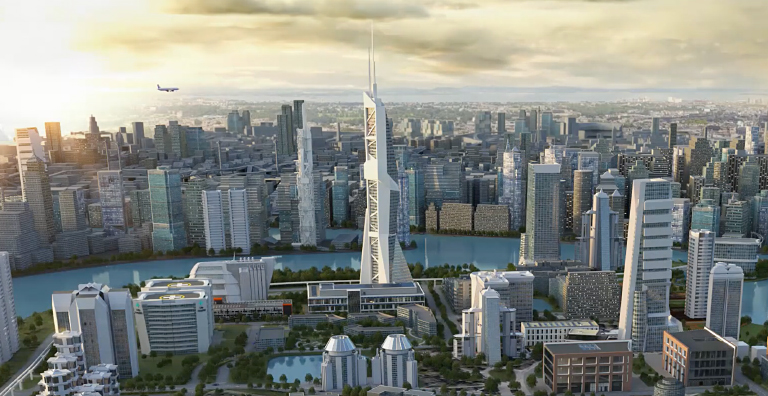 birds eye view of city skyscrapers