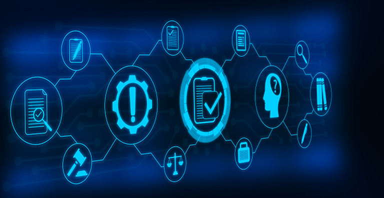 Icons connected by glowing lines represent different devices in an access control system communicating with each other.