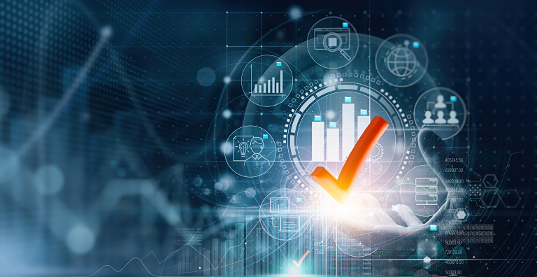 checkmark surrounded by charts and graphs